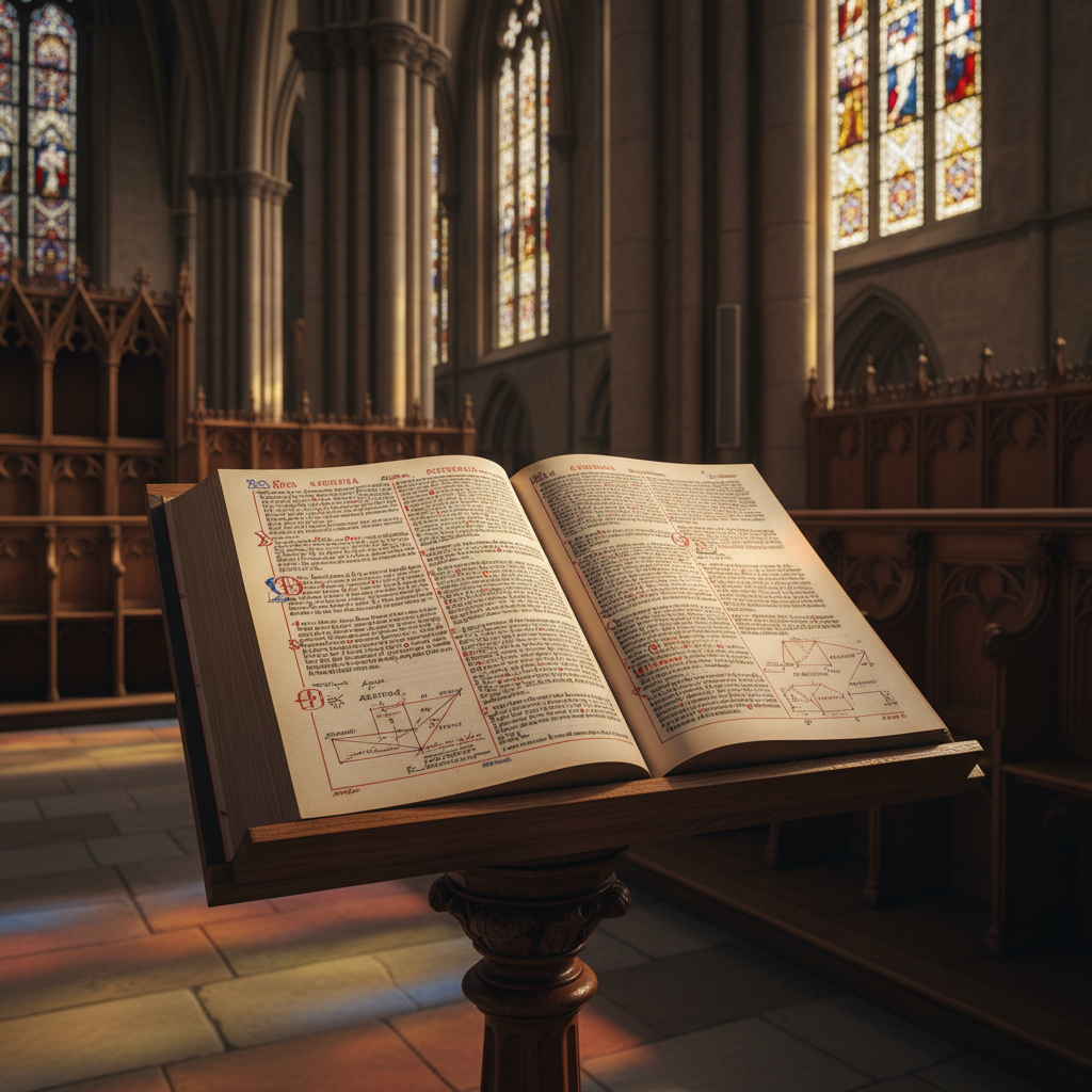 A polished wooden lectern stands in the choir of a Gothic cathedral, supporting a massive illuminated scholastic codex opened to a densely annotated page. The page shows narrow central text columns surrounded by elaborate marginal glosses, colored paragraph marks, and delicate hand-drawn diagrams of logical distinctions. Surrounding the lectern, empty carved choir stalls and towering stone columns recede into soft blur. Late-afternoon golden light filters through stained glass, scattering subtle colored reflections onto the parchment and stone floor. Captured at eye level, with the codex in crisp focus and the architectural background gently out of focus, the photographic image conveys a solemn, elevated, and sophisticated mood, emphasizing the union of faith, reason, and textual discipline.