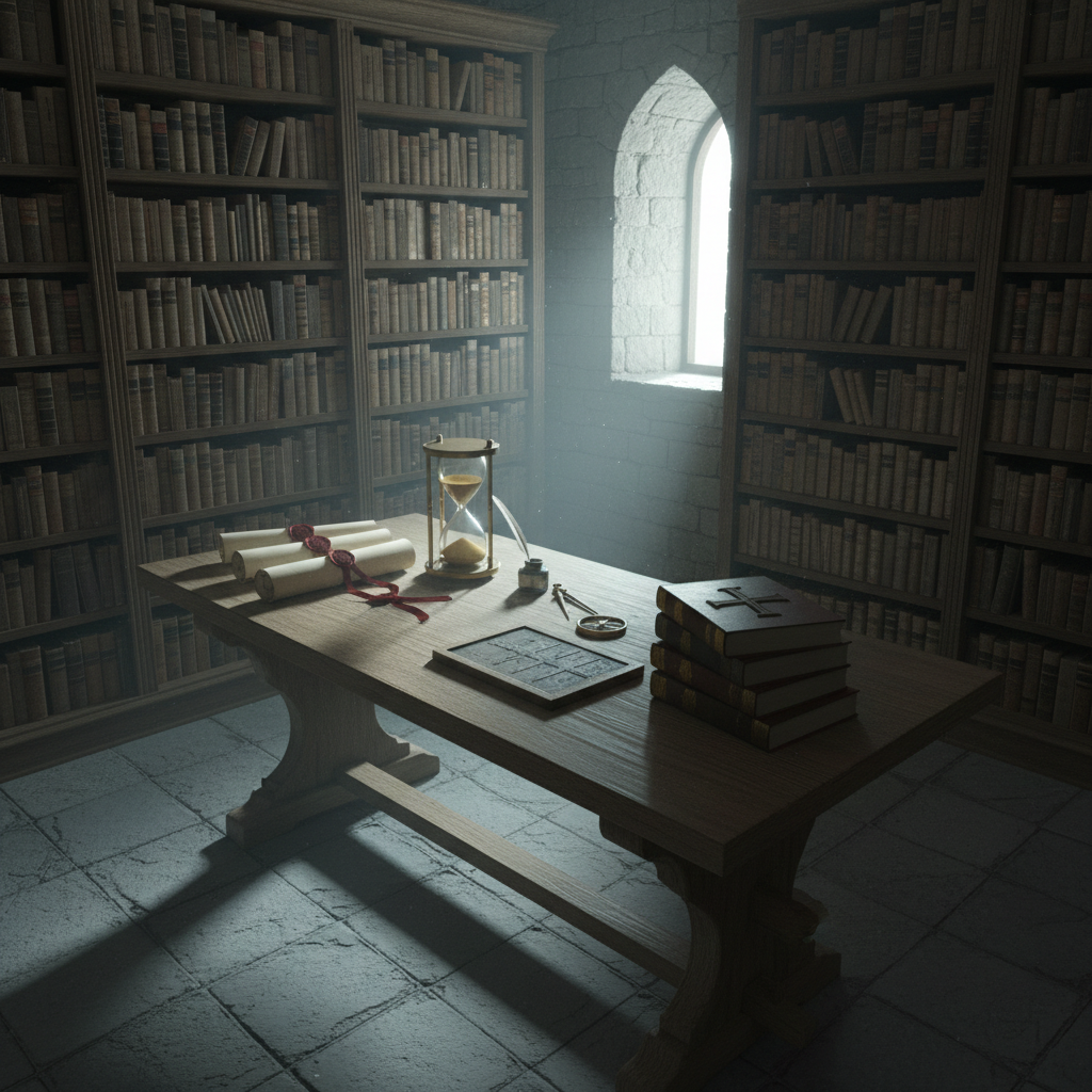 An orderly medieval study chamber without any human presence: a sturdy wooden table supporting a carefully arranged array of scholastic tools—parchment rolls tied with red silk cords, a sandglass half-run, a wax tablet with faint impressions, and a neatly organized stack of glossed theological commentaries. The room is enclosed by stone walls lined with tall shelves filled with uniformly bound manuscripts. Cool morning light filters in through a narrow arched window, casting long, precise shadows and illuminating faint dust particles in the air. Shot from a slightly elevated three-quarter angle in photographic realism, with sharp focus throughout, the scene feels serene, disciplined, and intellectually rigorous, reflecting the methodical spirit of scholastic inquiry.